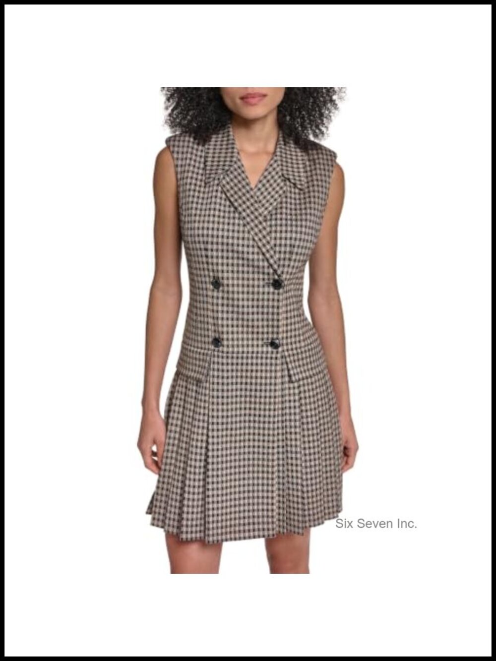 Sleeveless Collar Metallic Glen Check Pleated Skirt Blazer Dress - Women's